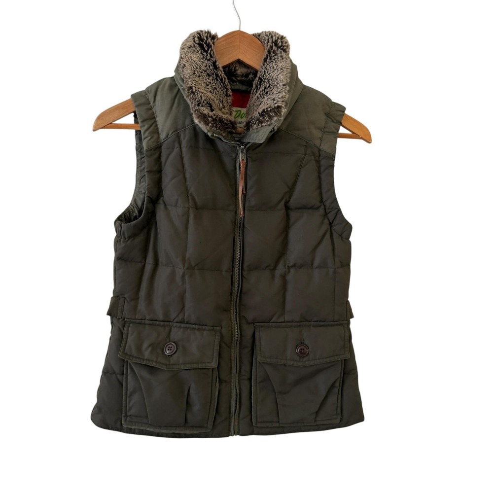 Eddie Bauer Yukon Quilted Goose Down Vest Womens XS Green Faux Fur Collar Warm